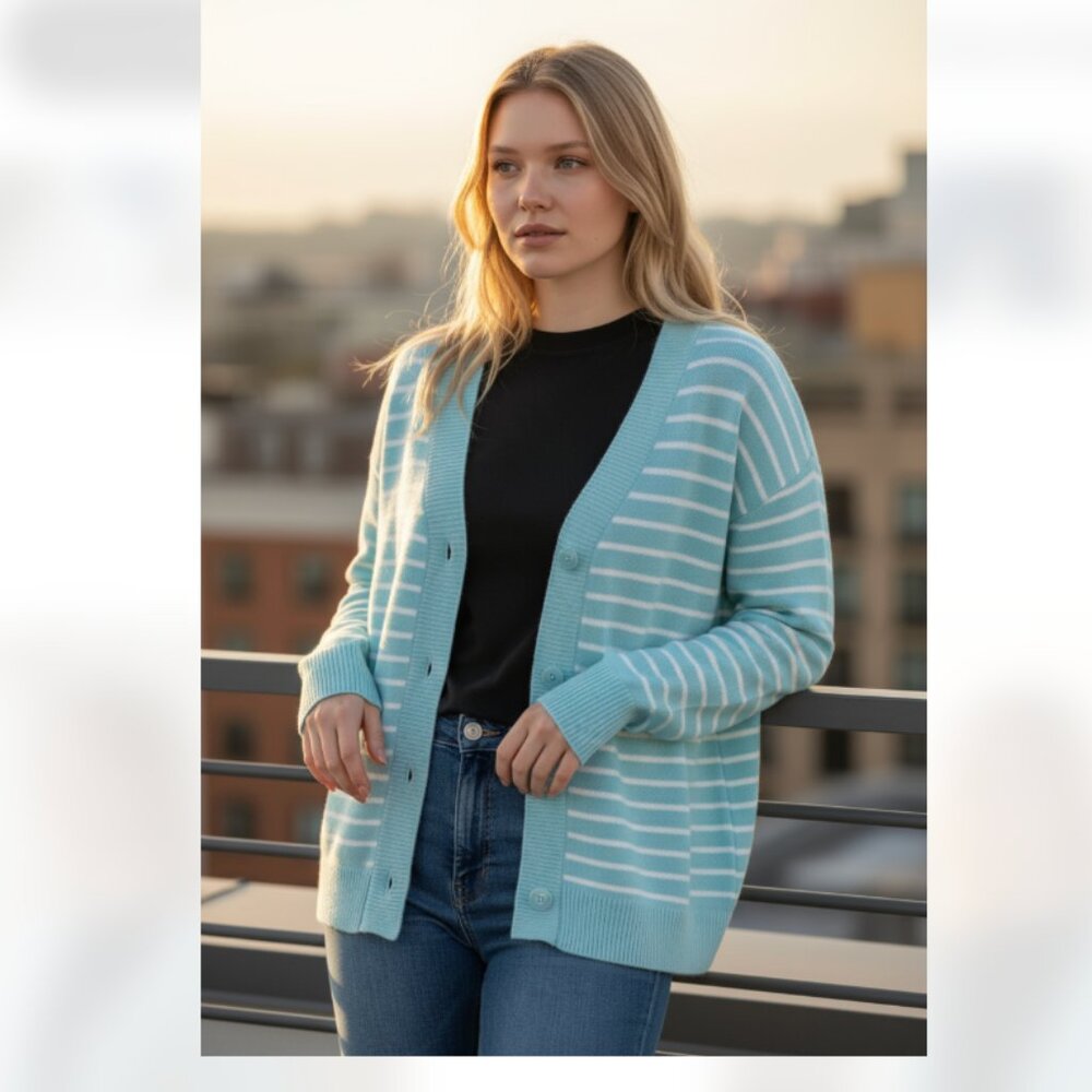 NWT Christopher & Bank White Blue Striped Nautical V Neck Comfy Cardigan SZ-3X